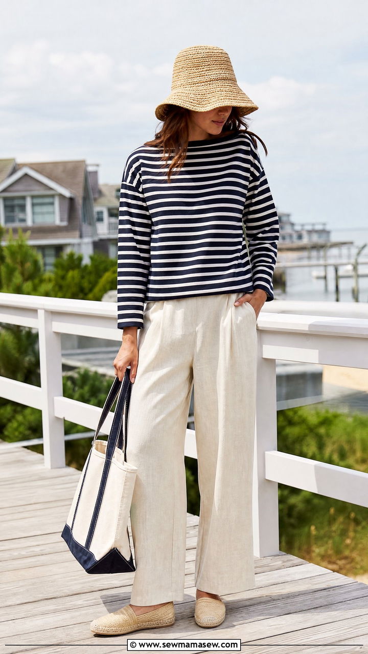 Striped Boatneck Sweater and Linen Pants - 25 classy coastal grandmother outfits
