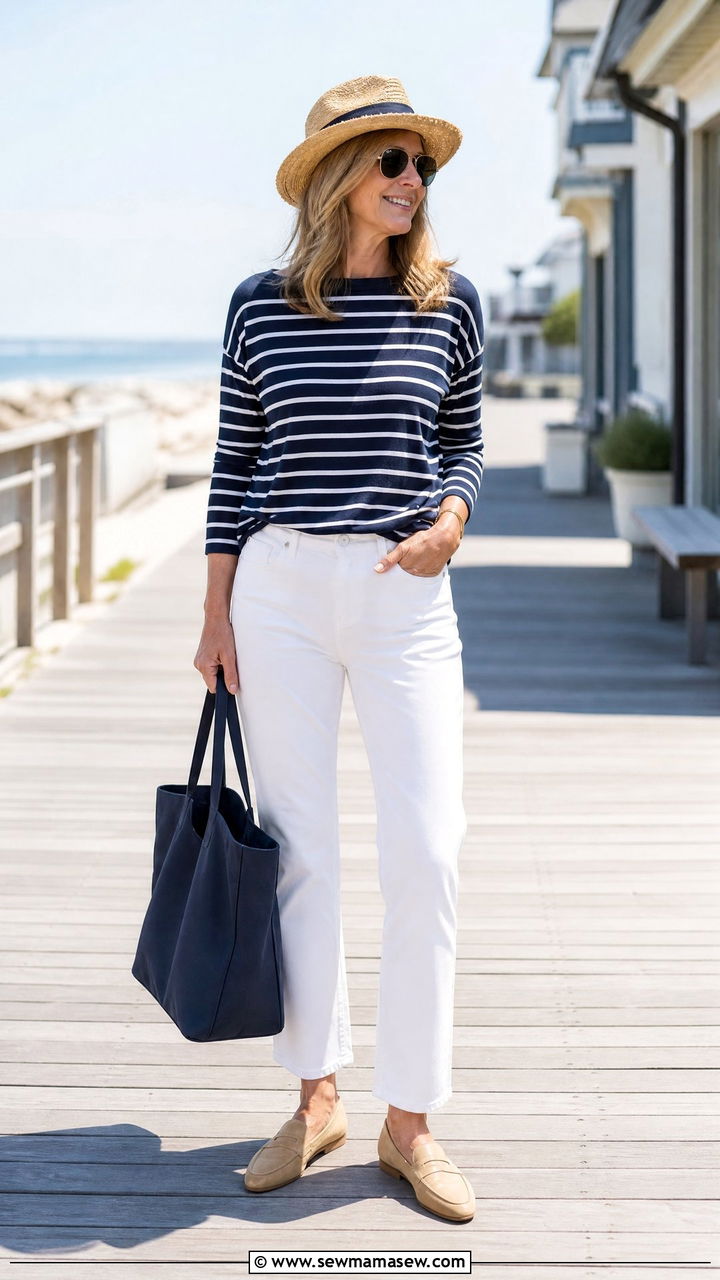 Striped Boatneck Sweater and White Jeans - 30 coastal grandmother outfit ideas for women over 40
