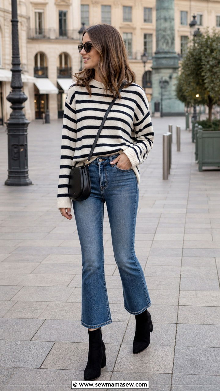 Striped Boatneck Sweater with Cropped Flare Jeans - 40 Cozy spring outfits