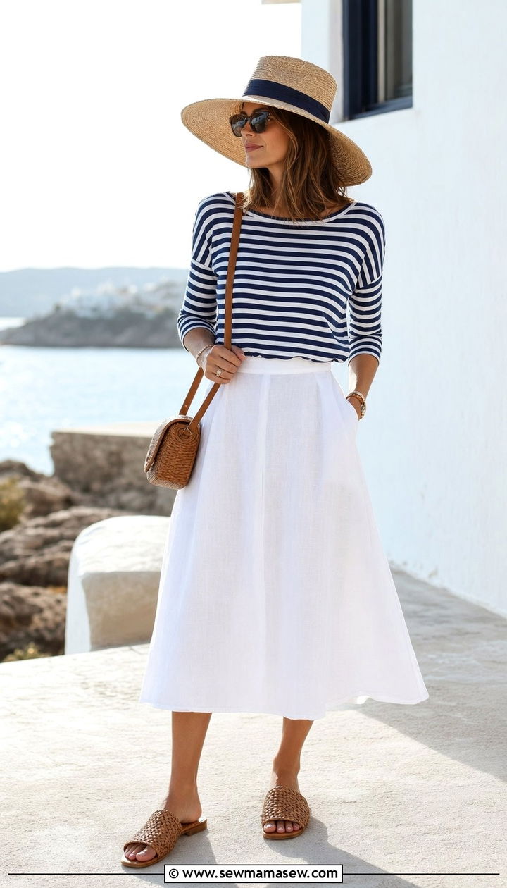 Striped Boatneck Tee With White Linen Skirt And Straw Hat - 25 coastal grandmother capsule wardrobe outfits