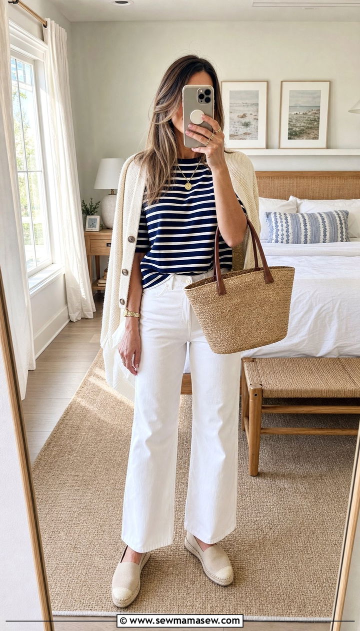 Striped Boatneck Tee and White Wide Leg Jeans - 25 Summer coastal grandmother outfits 2026