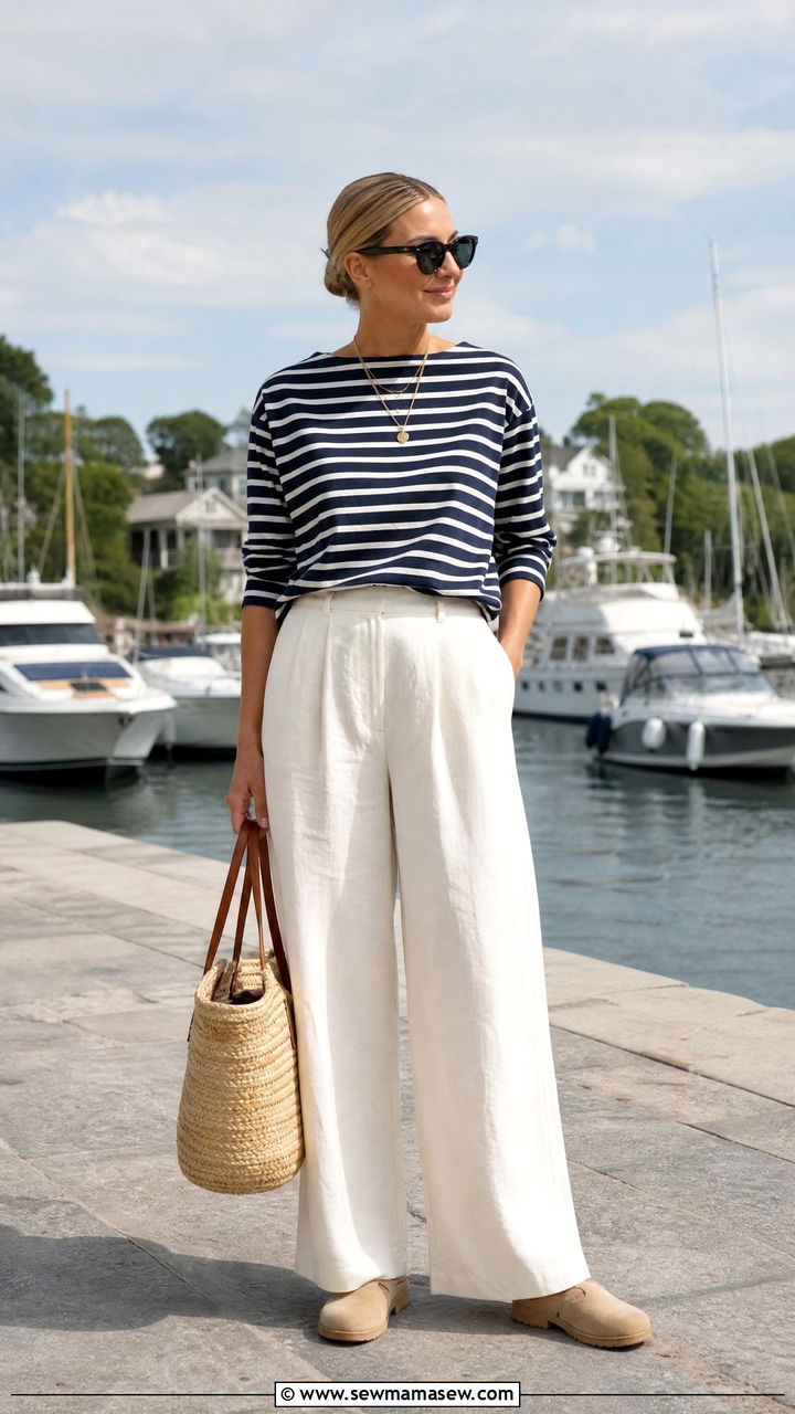 Striped Boatneck Tee and Wide Leg Linen Pants - 30 Coastal grandmother summer outfits