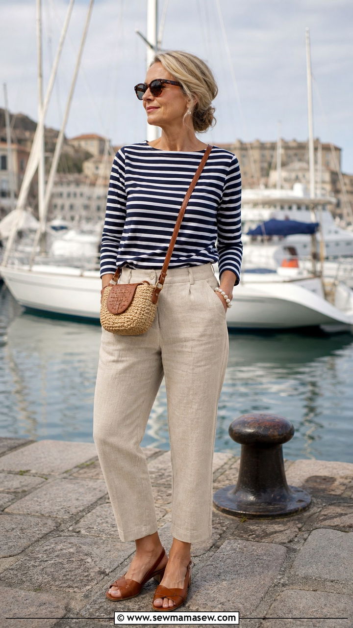 Striped Boatneck Top And Cropped Linen Pants - 40 summer coastal grandmother outfits