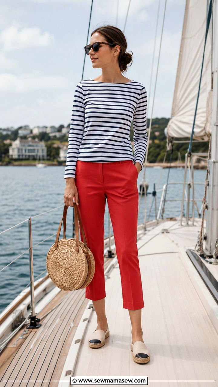 Striped Boatneck Top Red Cropped Pants Hamptons Outfit - 30 Old money outfit ideas for the Hamptons