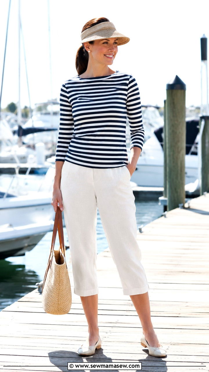 Striped Boatneck Top With Linen Capris Outfit - 20 cute coastal grandmother outfits