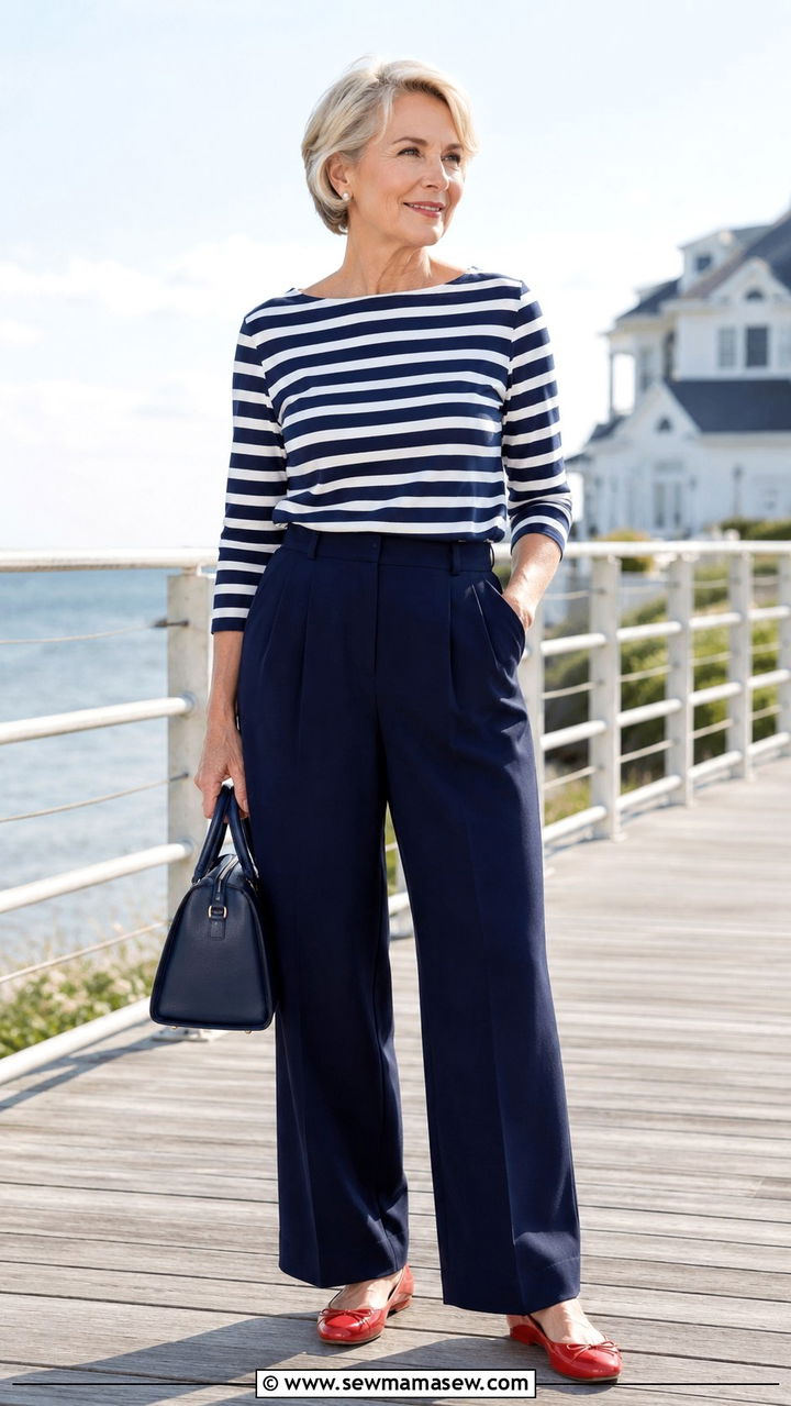 Striped Boatneck Top With Navy Trousers Outfit - 25 Midsize outfits for women over 60