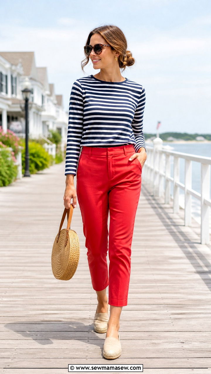 Striped Boatneck Top With Red Cropped Pants - 40 summer preppy outfits