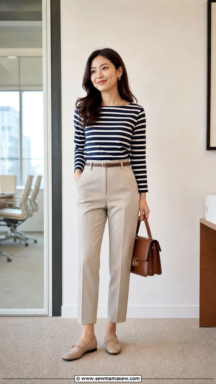 Striped Boatneck Top With Tailored Trousers - 30 Summer capsule wardrobe for petite women