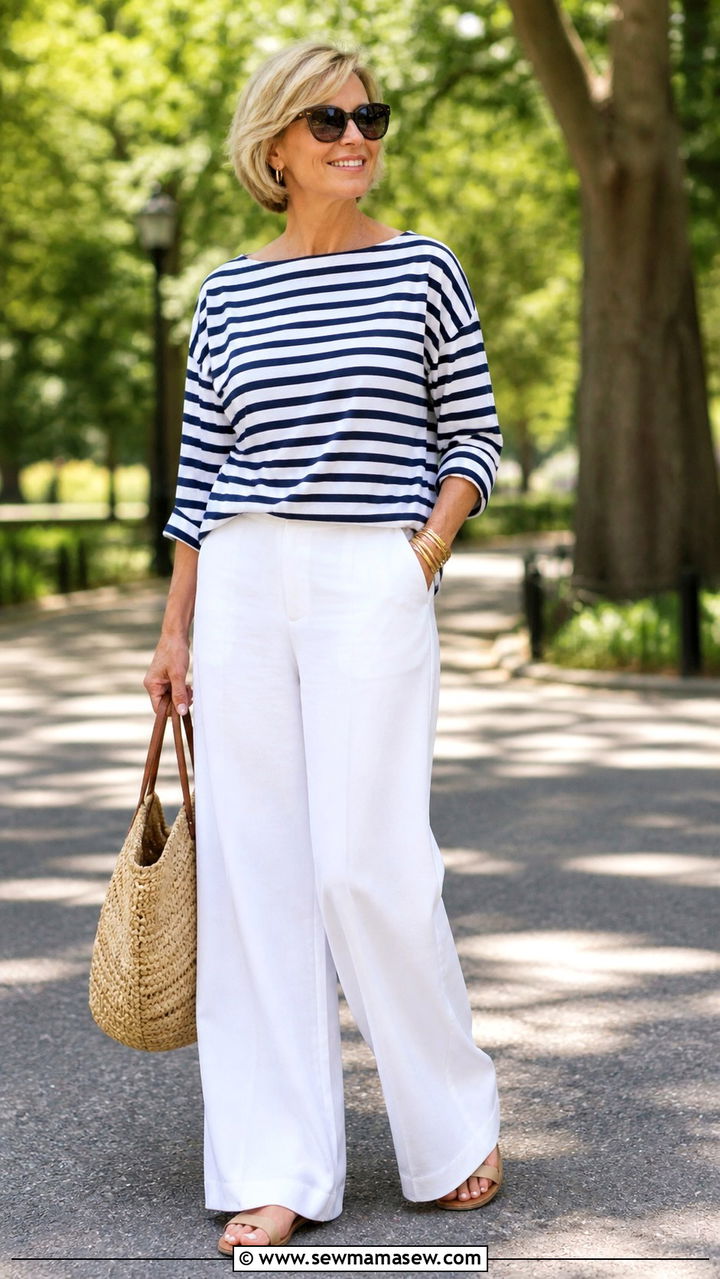 Striped Boatneck Top and White Wide Leg Pants - 40 Summer outfit ideas for women over 50 2026