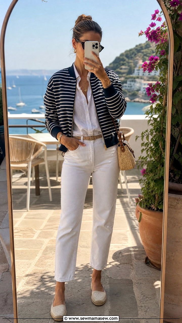 Striped Bomber Jacket With White Denim And Espadrilles - 25 how to style bomber jacket