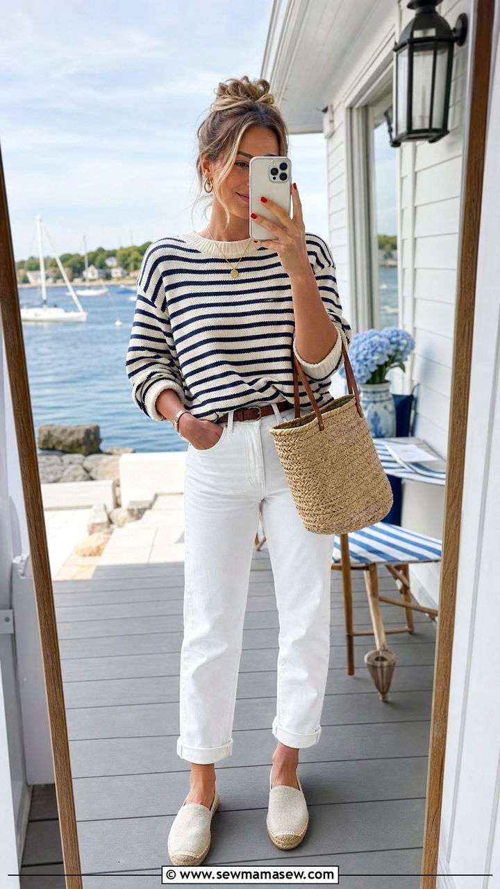 Striped Breton Knit With White Straight Leg Jeans - 25 coastal grandmother capsule wardrobe outfits