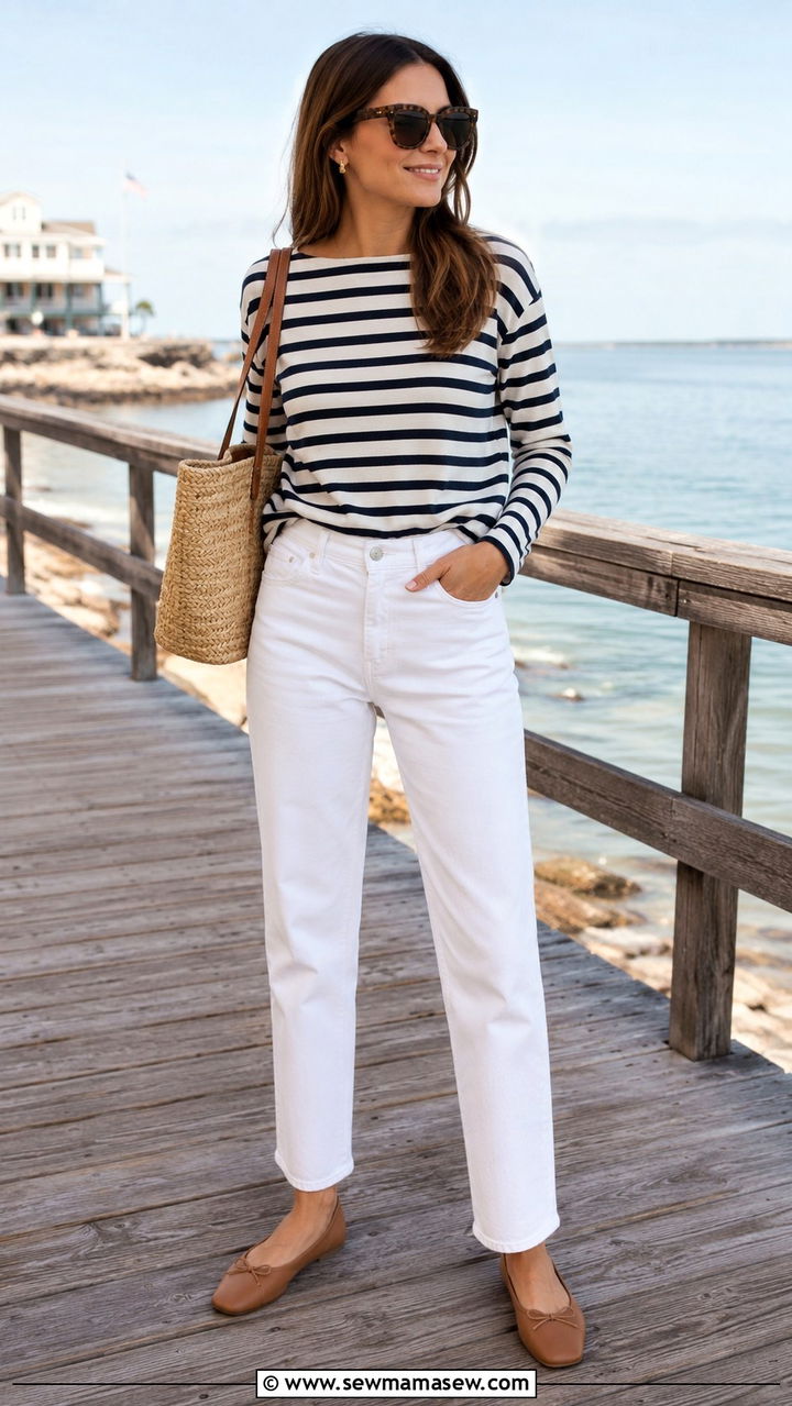 Striped Breton Knit and White Straight Leg Jeans - 30 Old money capsule wardrobe