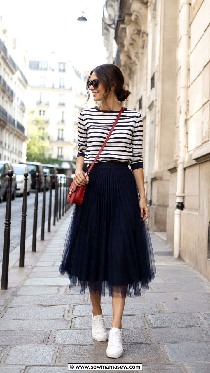 Striped Breton Sweater With Navy Tulle Midi Skirt - 20 Tulle skirt outfit ideas with a sweater