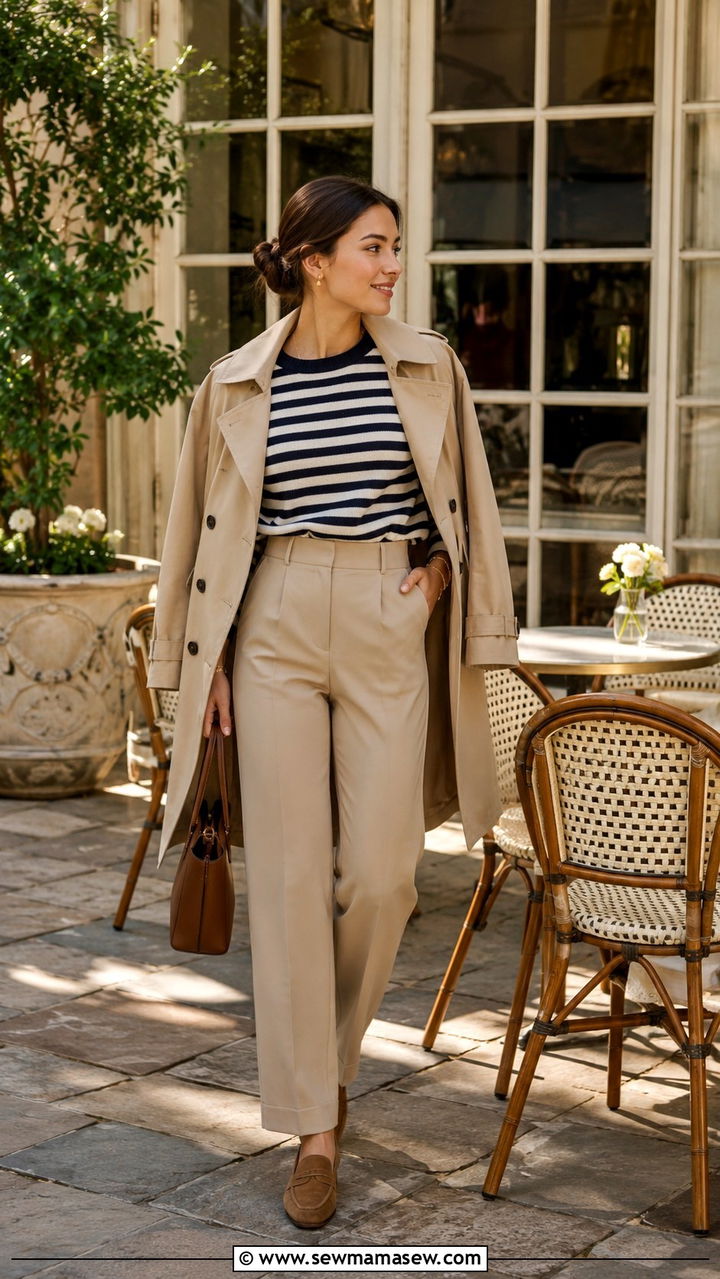 Striped Breton Sweater with Beige Tailored Trousers for Petites - 30 Old money outfit ideas petite
