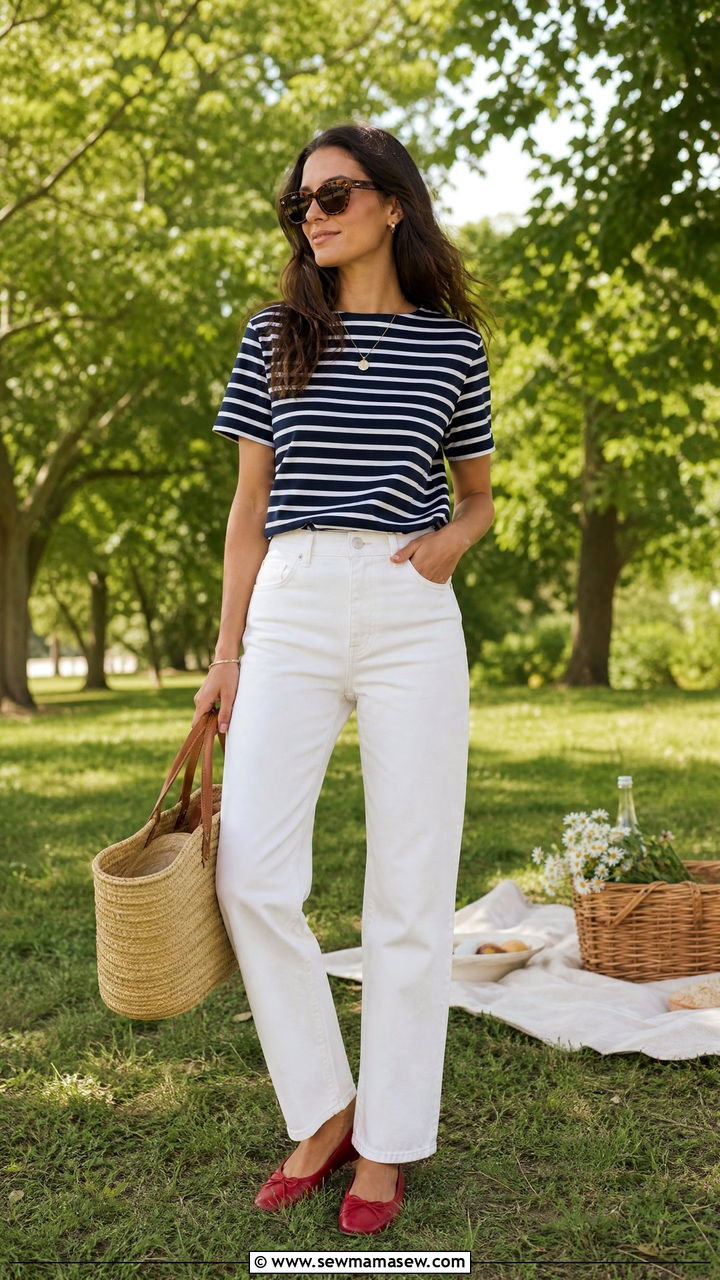 Striped Breton Tee with White Jeans - 30 summer picnic outfit ideas