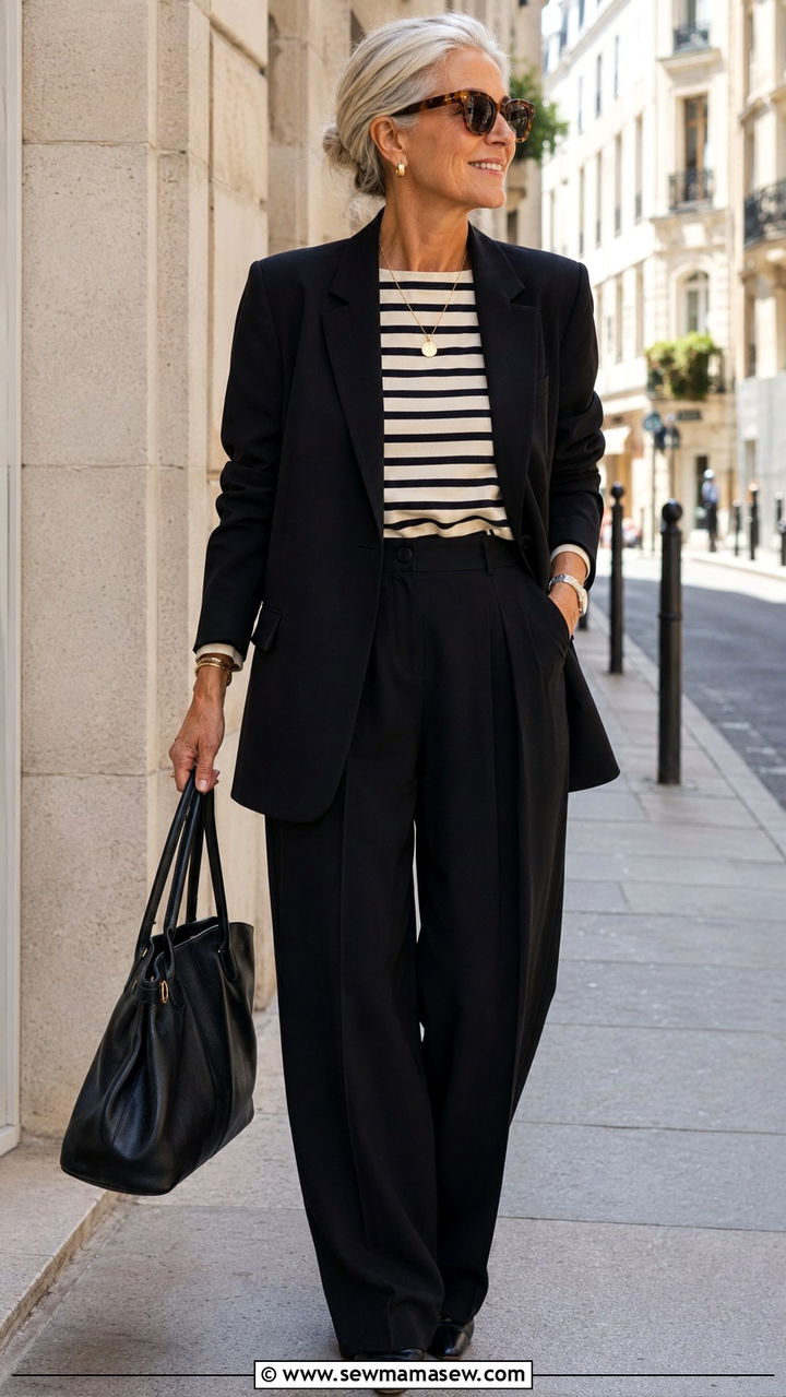 Striped Breton Tee with a Black Blazer - 25 Work outfits for women over 60
