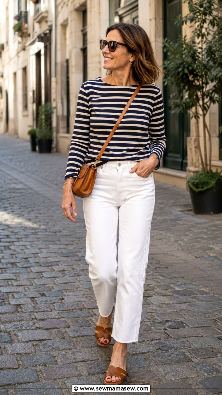 Striped Breton Top And White Jeans Outfit - 30 Outfit ideas for Gen X women