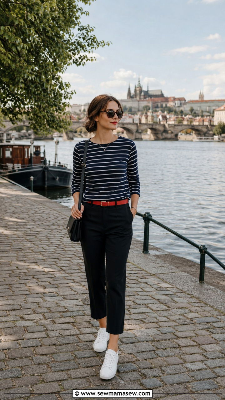 Striped Breton Top With Black Trousers and Sneakers Outfit - 25 Prague outfit ideas