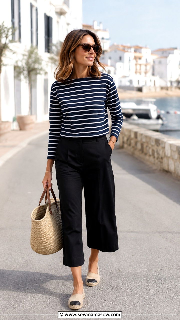 Striped Breton Top With Cropped Wide Leg Pants And Espadrilles - 30 transitional outfits Pinterest