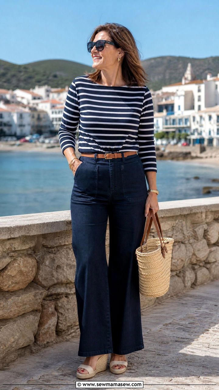 Striped Breton Top With High Waist Wide Leg Jeans Women Over 40 - 35 Minimalist outfits for women over 40
