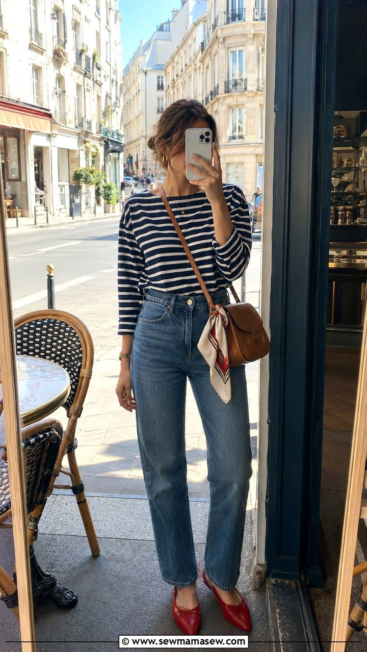 Striped Breton Top With High Waisted Jeans - 30 Parisian summer outfit ideas