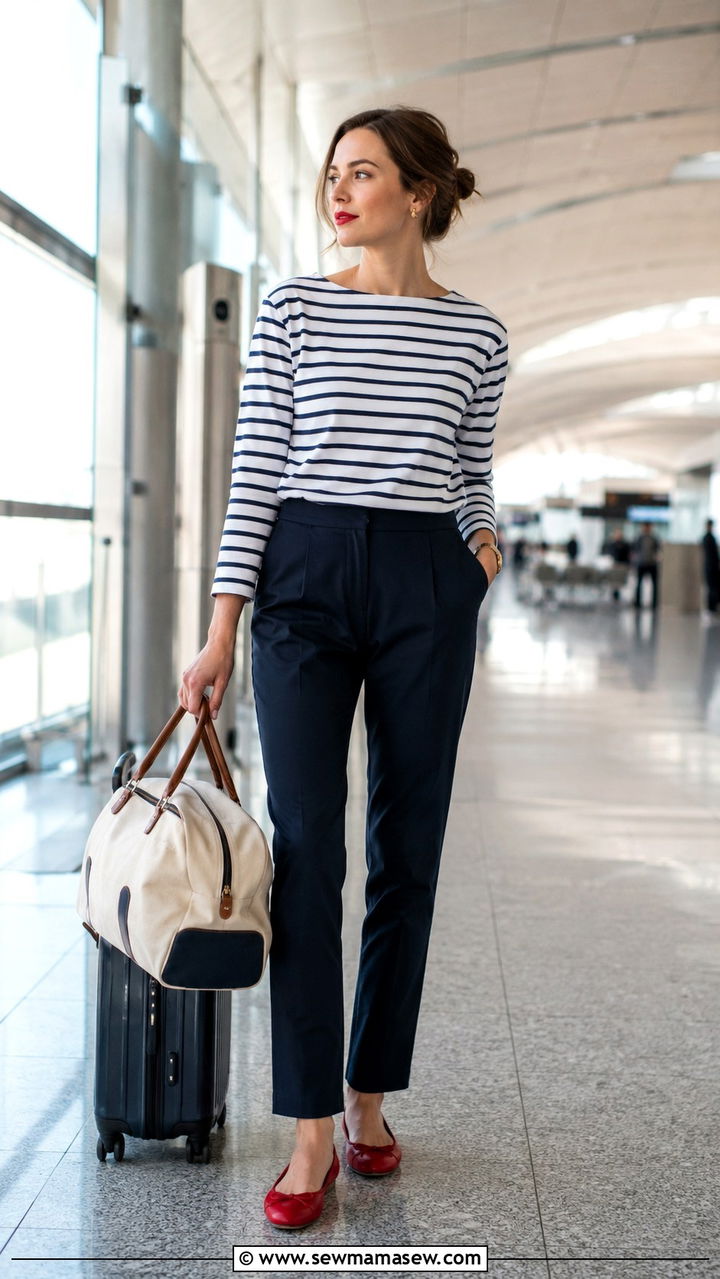 Striped Breton Top With Navy Chinos and Ballet Flats - 30 Old money outfit ideas for airport