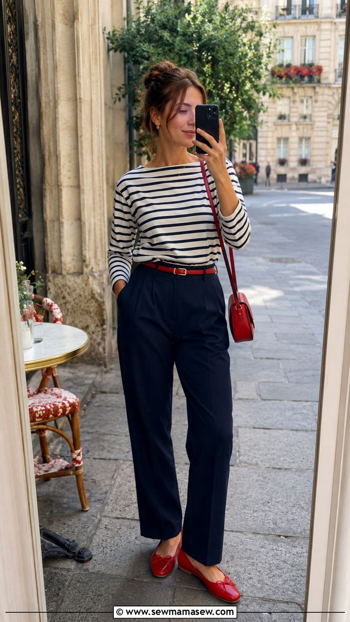 Striped Breton Top With Navy Trousers And Red Accents - 25 Ageless outfit ideas 2026