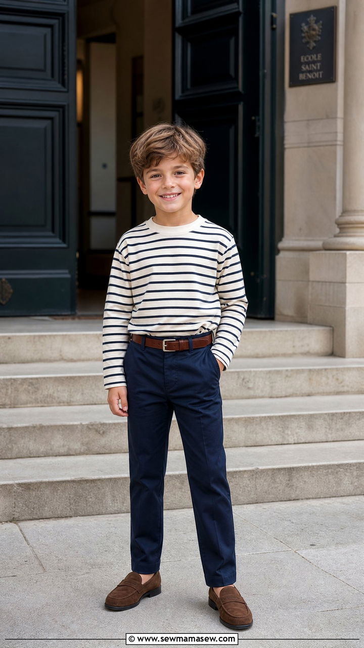 Striped Breton Top With Navy Trousers - 25 Kid outfit ideas for school picture day