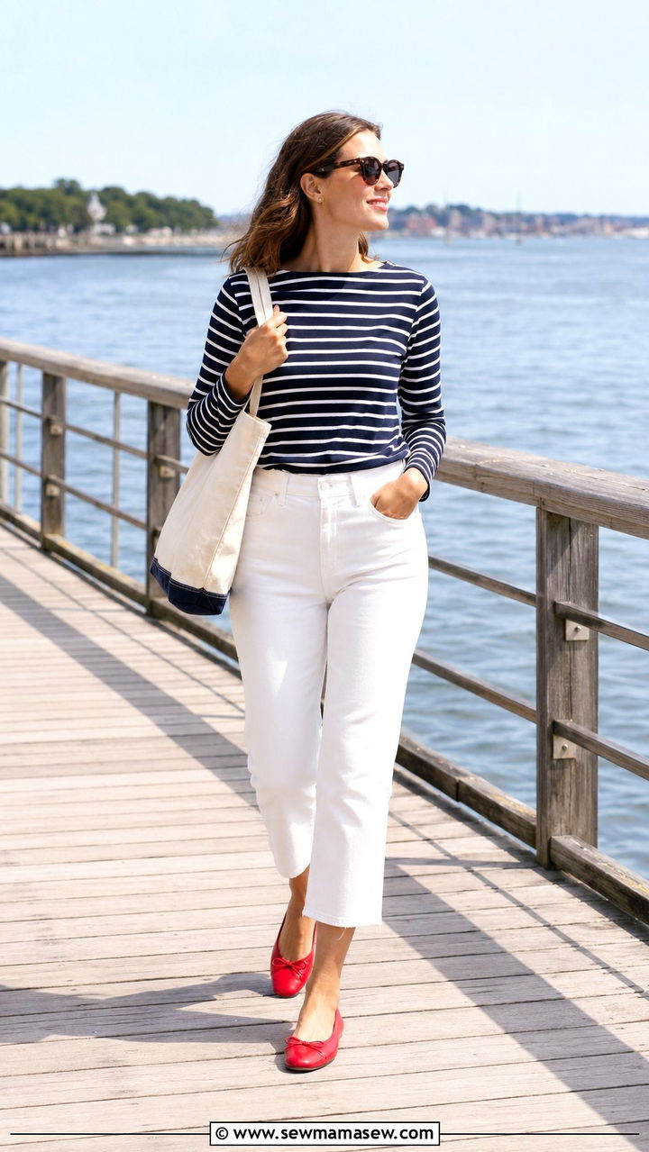 Striped Breton Top With White Cropped Jeans Outfit - 30 Mid spring outfits