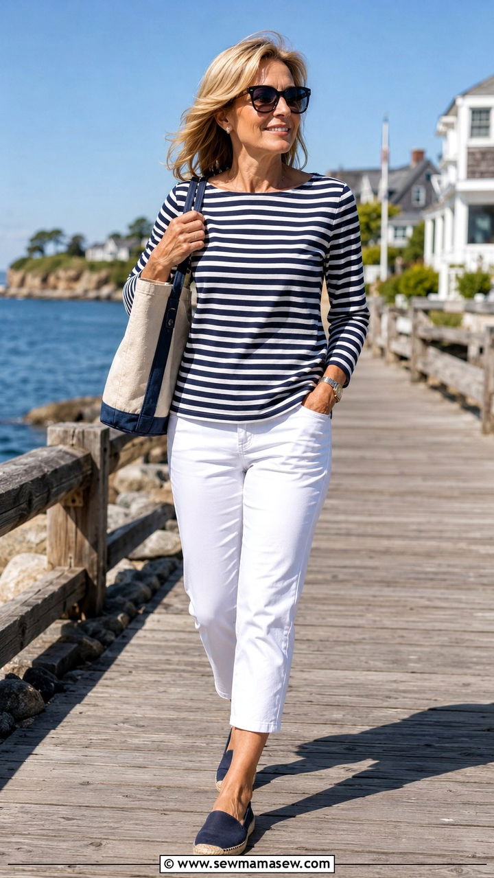 Striped Breton Top With White Cropped Pants - 30 Trendy outfit ideas for women over 60