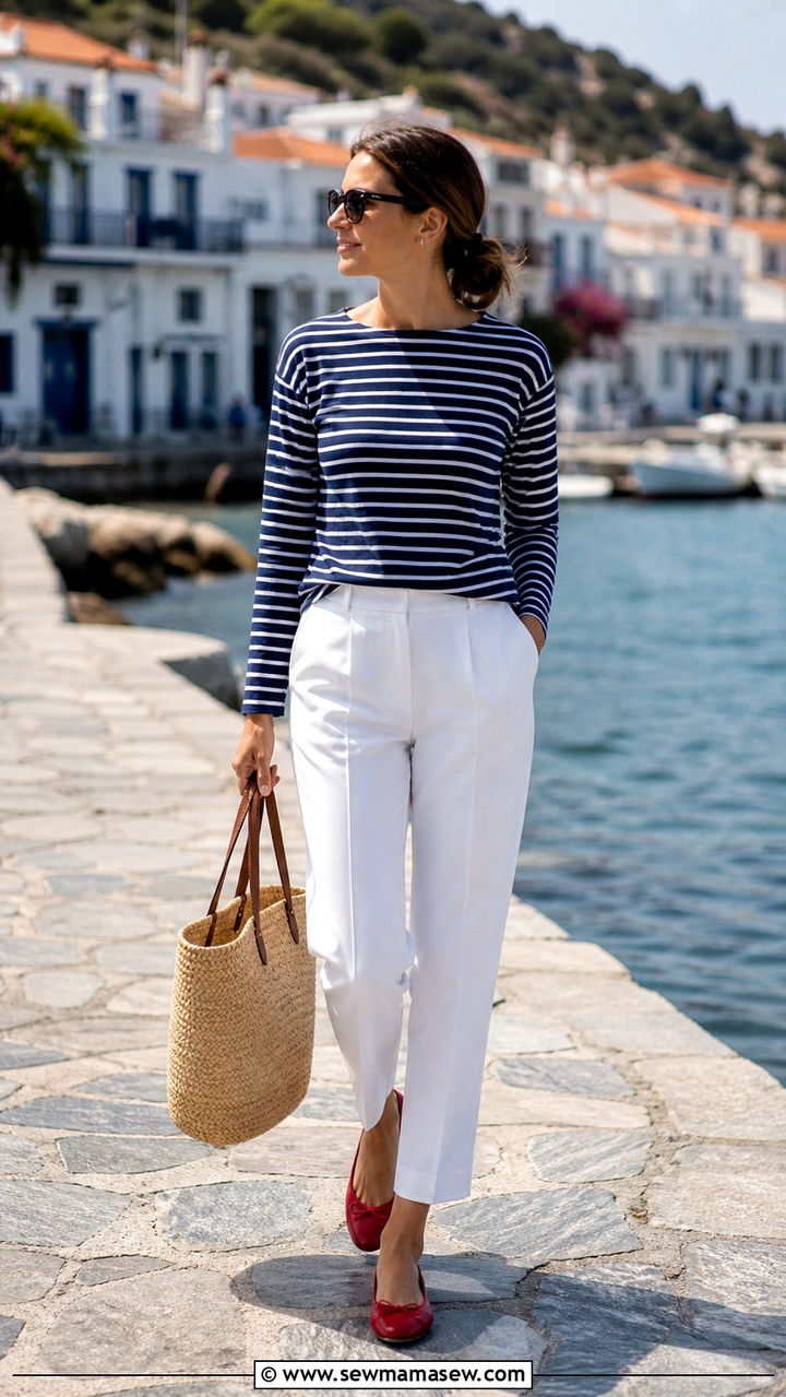 Striped Breton Top With White Trousers - 40 old money outfits for women