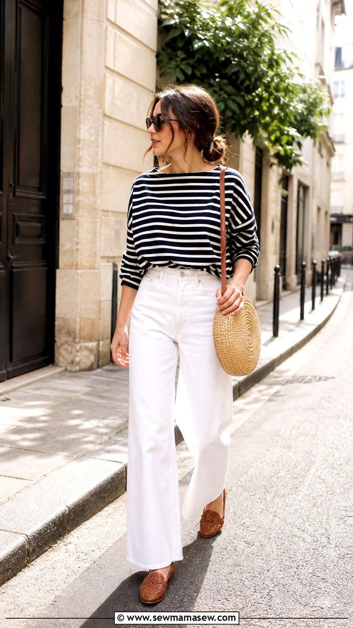Striped Breton Top With White Wide Leg Jeans - 40 Spring wardrobe ideas