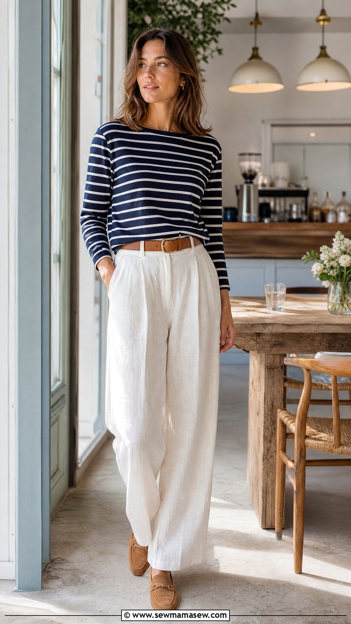 Striped Breton Top With White Wide Leg Trousers and Tan Loafers - 30 Summer outfits with loafers