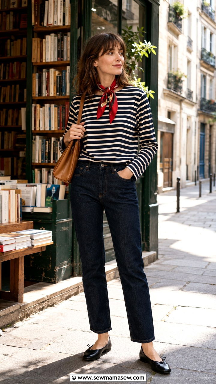 Striped Breton Top and Ballet Flats French Girl Outfit - 20 French girl outfit ideas Camille Rowe