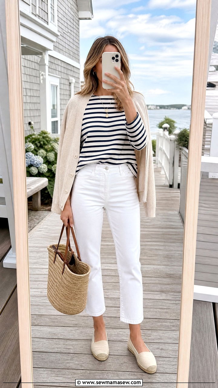 Striped Breton Top and White Cropped Jeans - 25 classy coastal grandmother outfit ideas