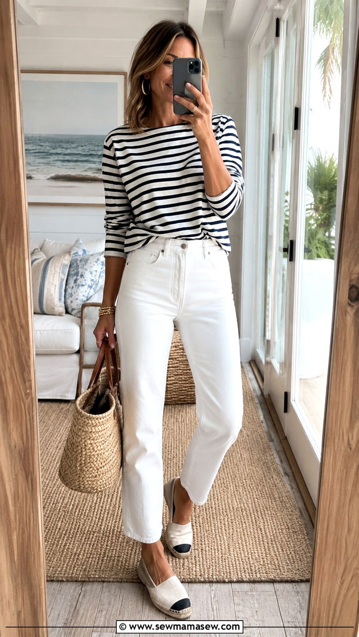 Striped Breton Top and White Jeans - 25 Outfit ideas for women over 40 elevated casual