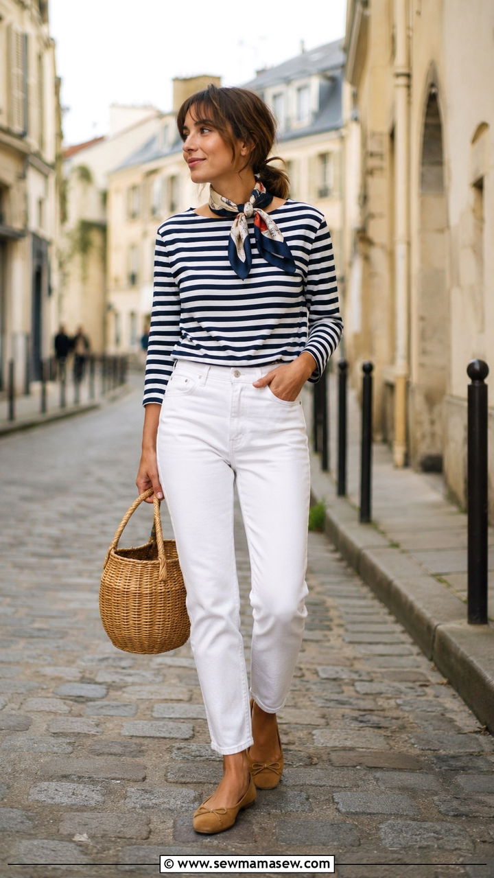 Striped Breton Top and White Jeans - 30 old money outfits to copy