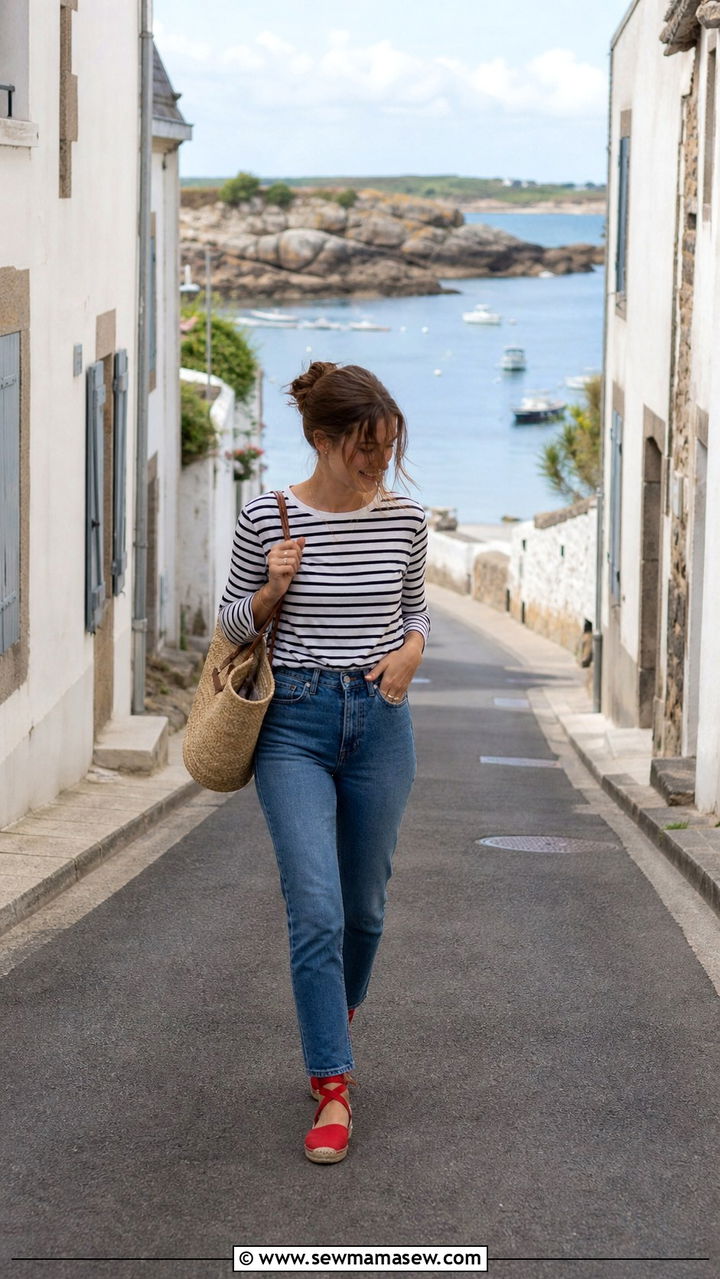 Striped Breton Top with High Rise Jeans and Espadrilles - 40 old money outfits ideas