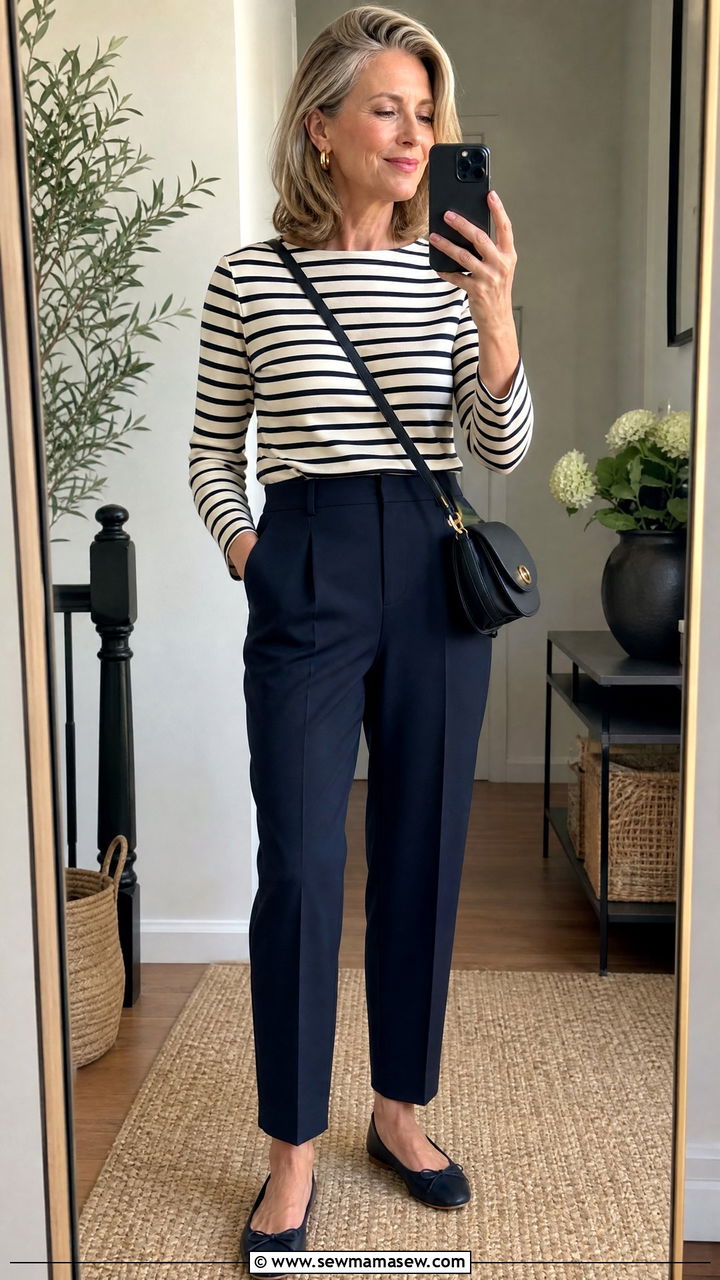 Striped Breton Top with High Rise Trousers - 35 Minimalist outfit ideas for women over 40