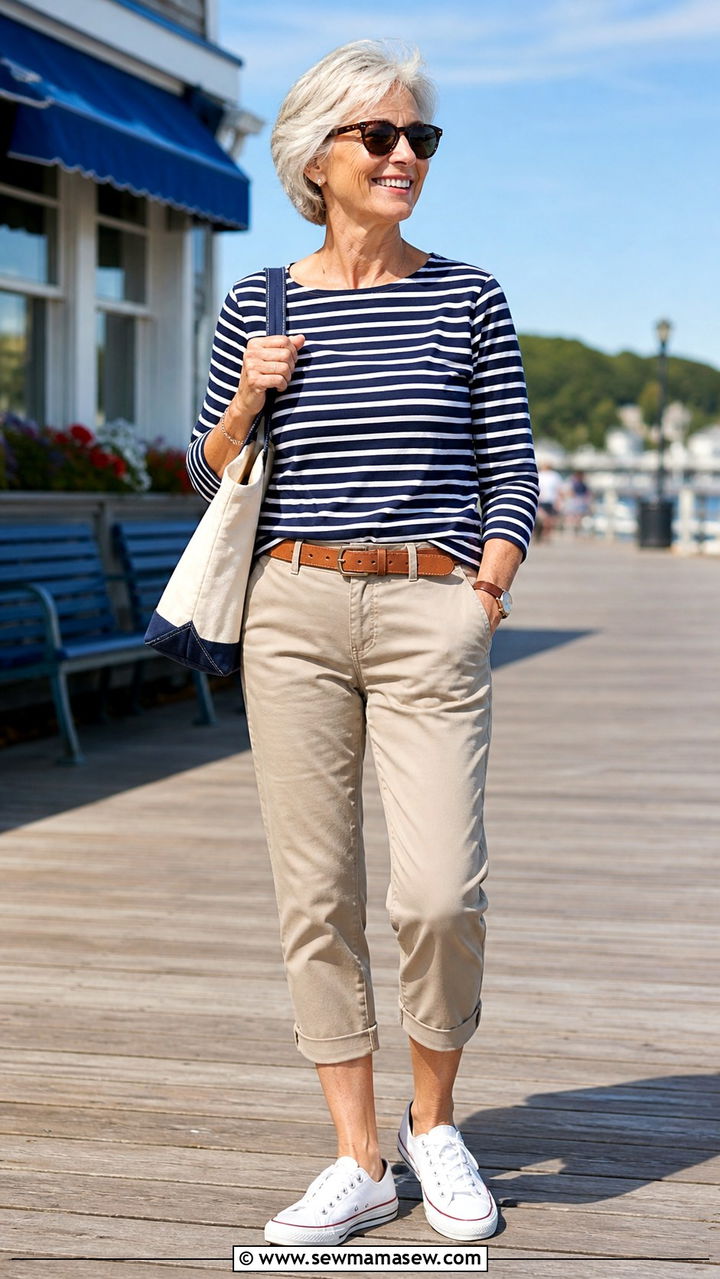 Striped Breton Top with Khaki Capri Pants and Canvas Sneakers - 20 70 year old woman outfit ideas