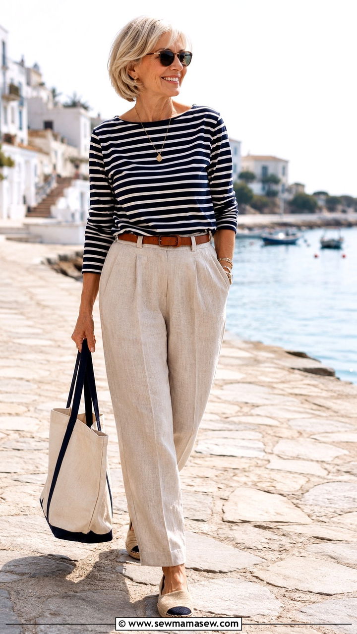 Striped Breton Top with Linen Trousers - 25 Weekend outfit ideas for women over 60