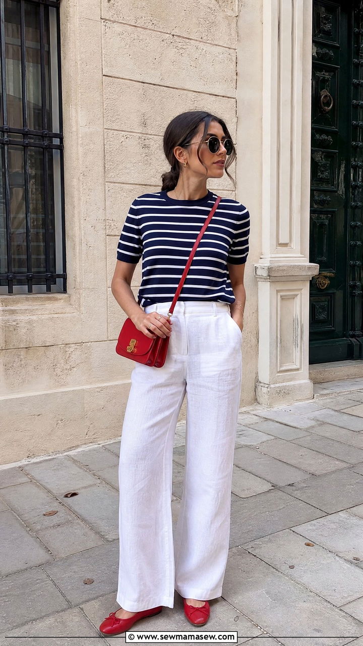 Striped Breton Top with White Wide Leg Pants and Red Accessories - 30 summer elevated casual outfit ideas