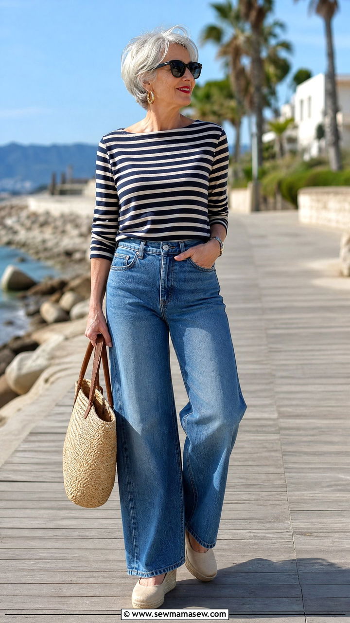 Striped Breton Top with Wide Leg Jeans and Espadrilles - 35 Jeans outfit ideas for women over 60
