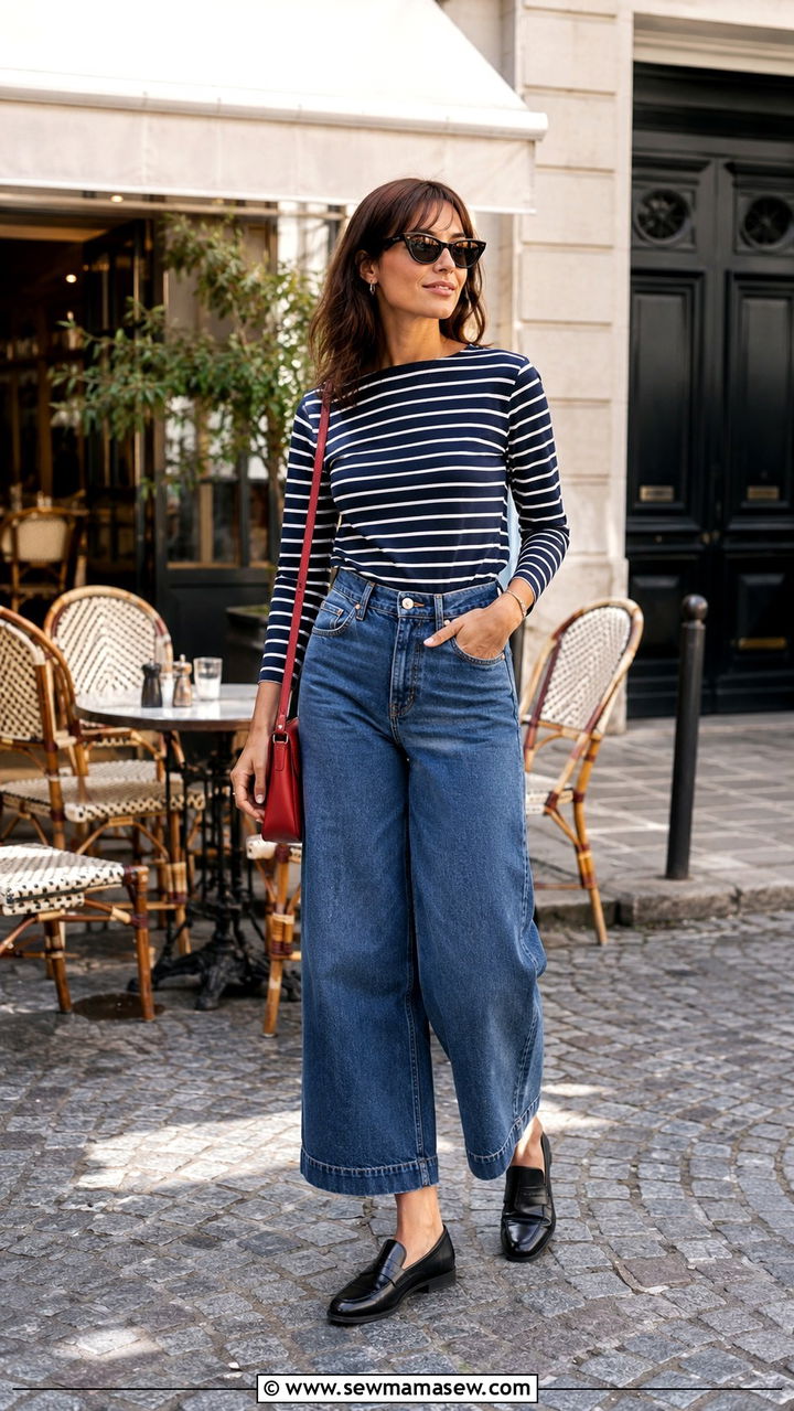 Striped Breton Top with Wide Leg Jeans - 30 Spring outfits with wide leg jeans