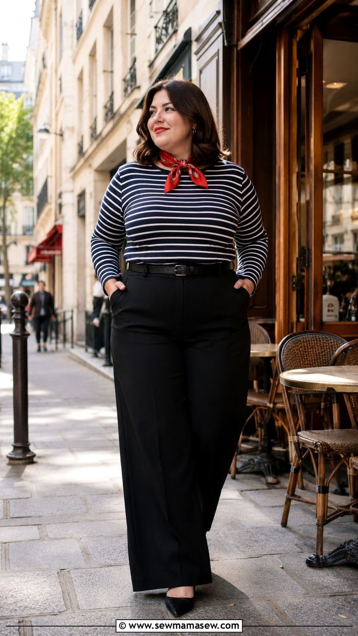 Striped Breton Top with Wide Leg Trousers - 25 Plus size outfit ideas Parisian