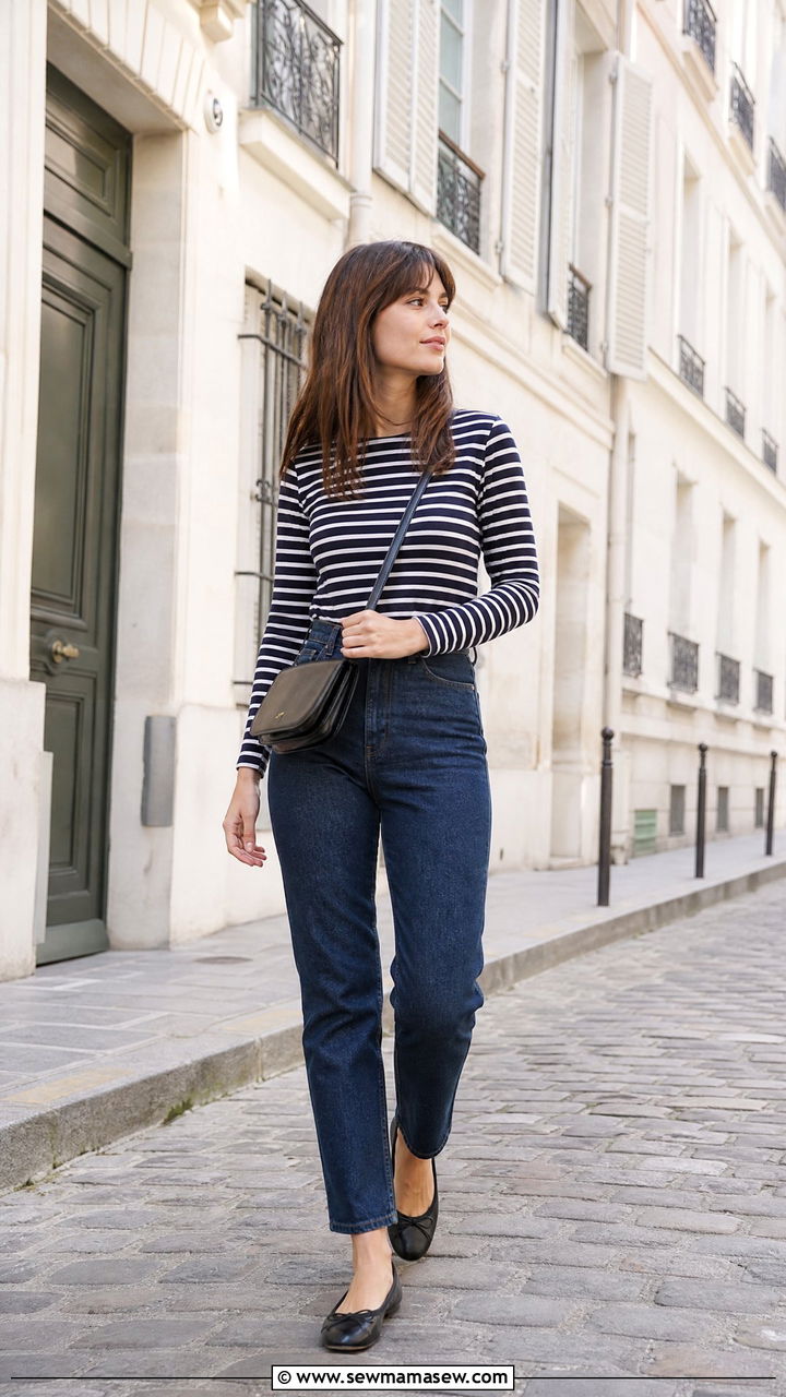 Striped Breton shirt and jeans French outfit - 25 French girl outfit ideas for travel
