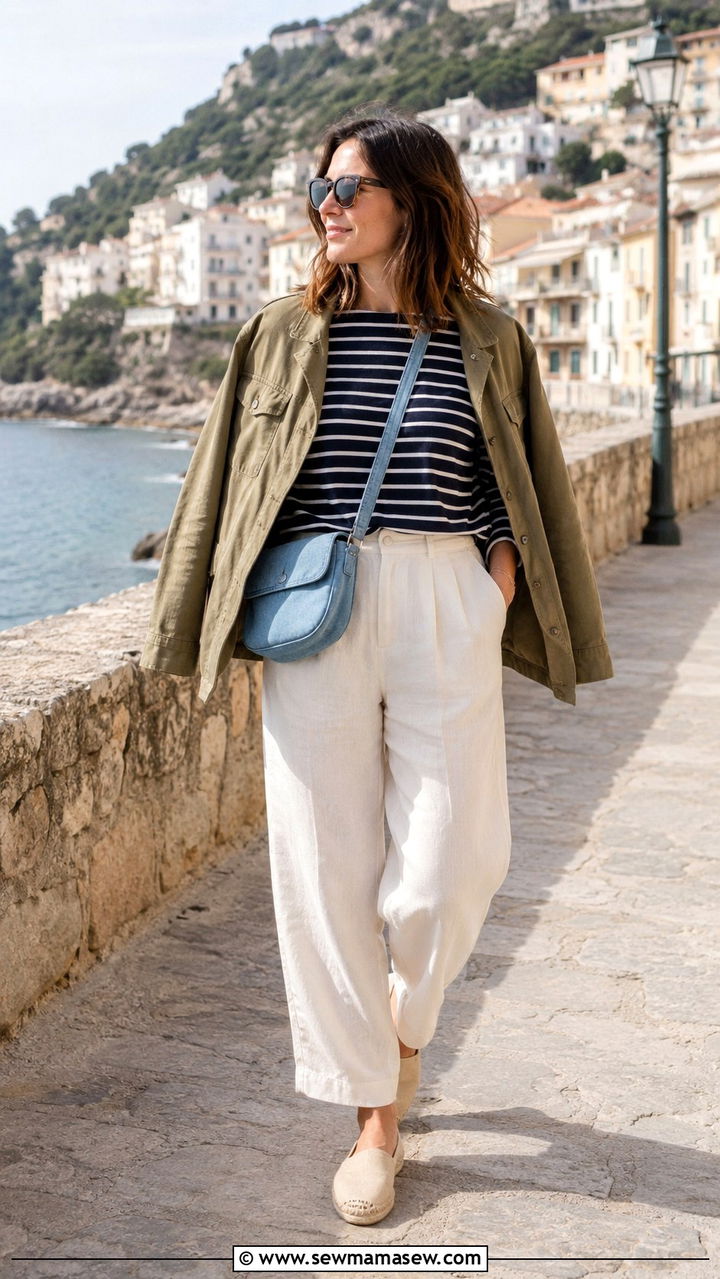 Striped Breton tee and linen pants with denim bag - 20 spring outfits with denim bag
