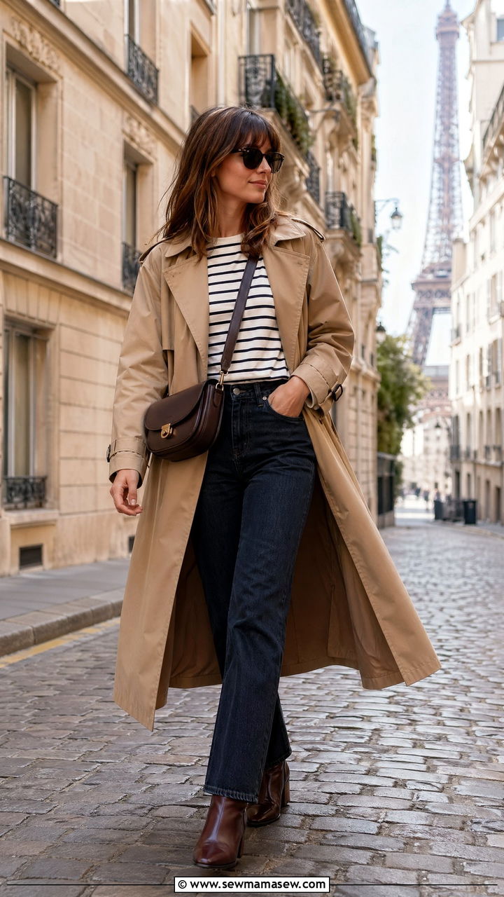 Striped Breton tee with a trench coat and straight leg jeans Paris outfit - 35 Europe travel outfits for women
