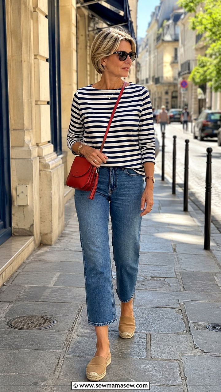 Striped Breton top with cropped jeans and espadrilles - 25 Outfit ideas for women over 50 elevated casual