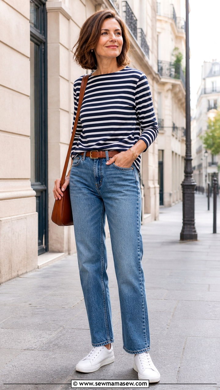 Striped Breton top with straight leg jeans spring outfit - 40 Spring outfit ideas for women over 40 2026